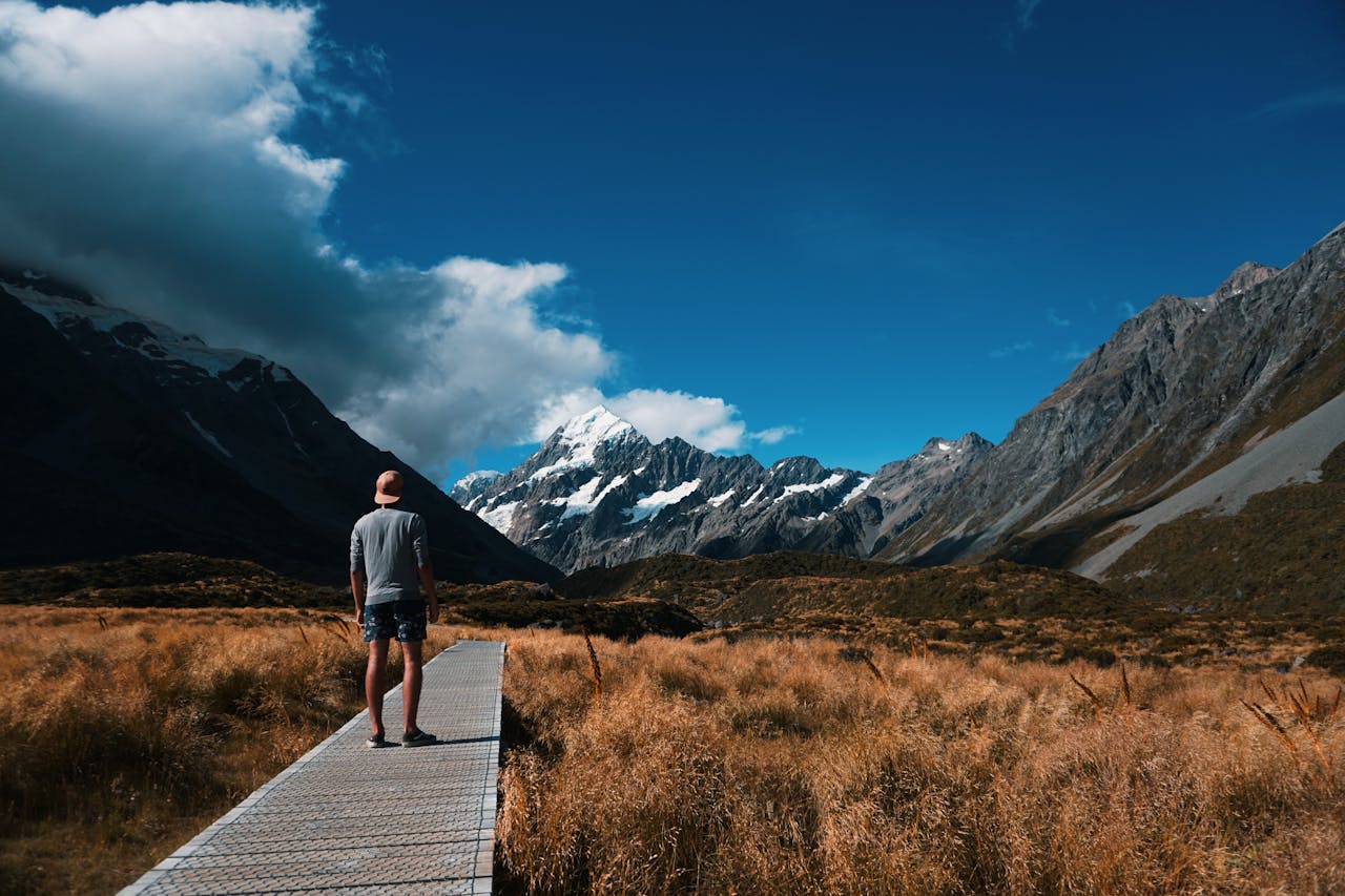 a man looking at the mountains